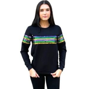 Mardi Gras Black Sequin Stripe French Terry Women's Top, Size: XS